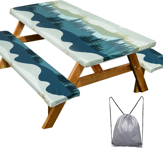 Picnic Table Cover - Waterproof & Windproof with Bench Covers | Fitted Rectangle 72in, Green Blue