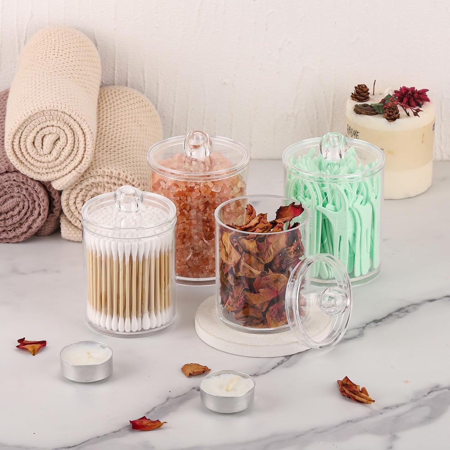 Tbestmax Qtip Holder - Clear Plastic Apothecary Jars for Bathroom Organization | 4 Pack