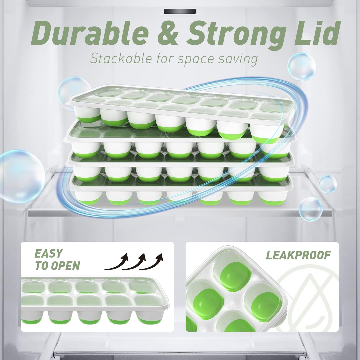 ChefAide Ice Cube Tray with Lid, 2 Packs 28 Cubes Durable Stackable Ice Cube Trays for Freezer with Removable Lids, Easy-Release Plastic & Silicone Ice Tray for Cocktail, Coffee.
