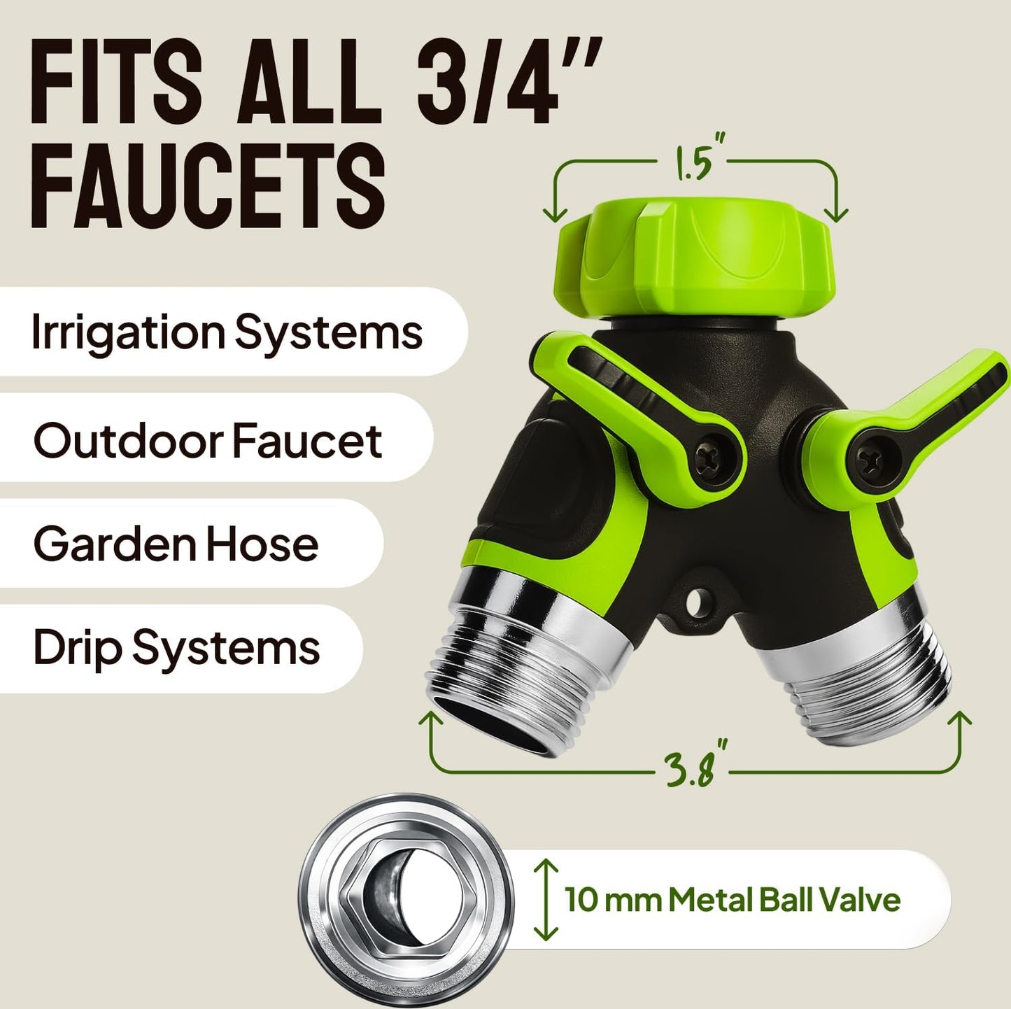 LIME Heavy Duty 2-Way Hose Splitter - Metal Y Connector with Shutoff Valves | 3/4 Inch GHT Adapter