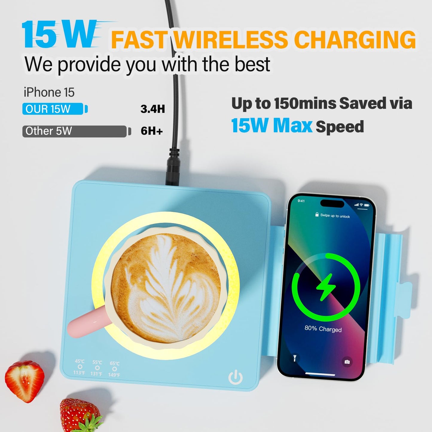 WHOLEV Coffee Mug Warmer, Smart Mug Warmer, 15W Wireless Phone Charging, 3 Heat Settings Temperature Controlled, 8H Auto Off, Candle Warmer, Safe for Heating Coffee, Beverage, Milk, Tea