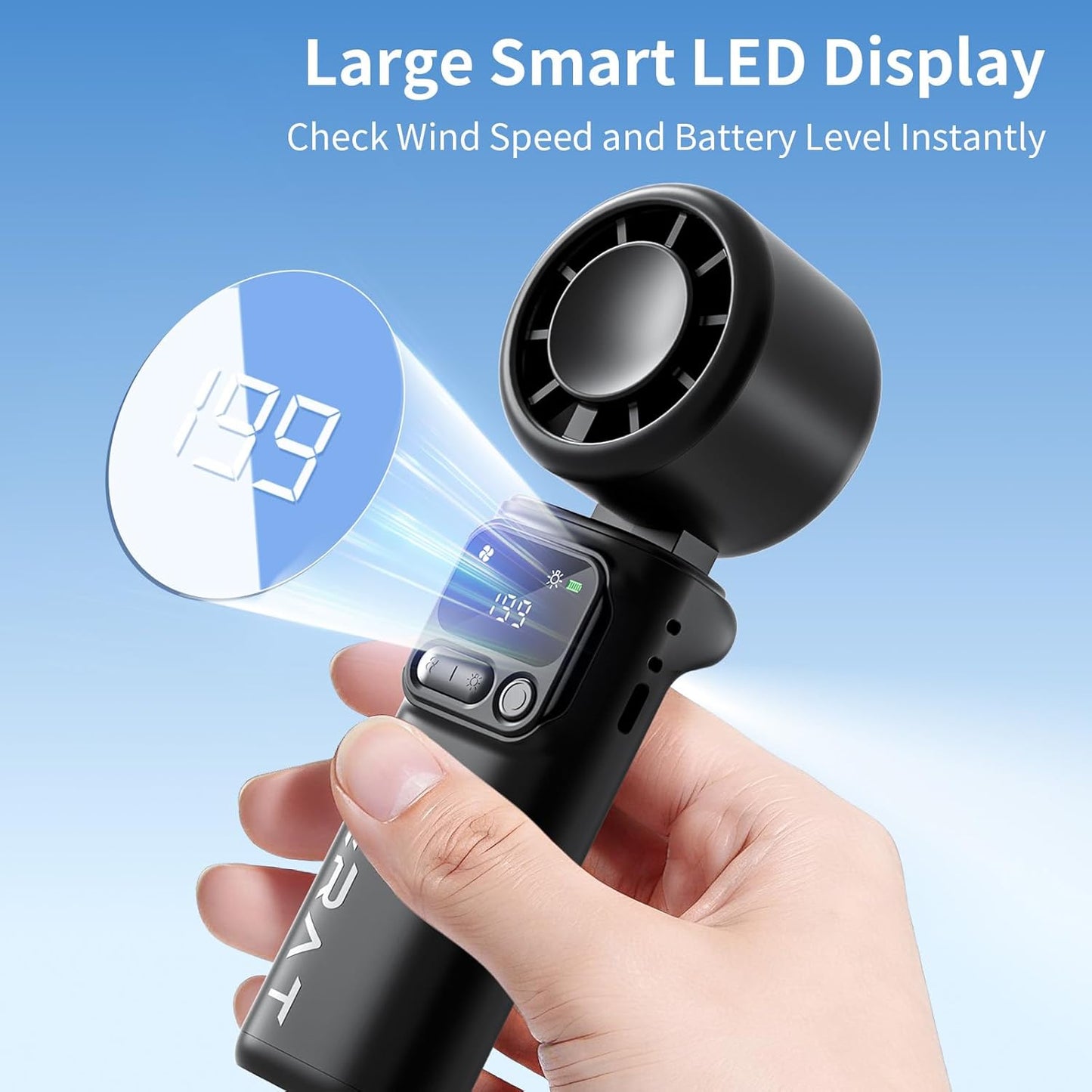 Lerat Portable Handheld Turbo Fan - 5-Speed Mini Fan with 4000mAh Rechargeable Battery | 3-in-1 Foldable Design for Travel & Beach, Black
