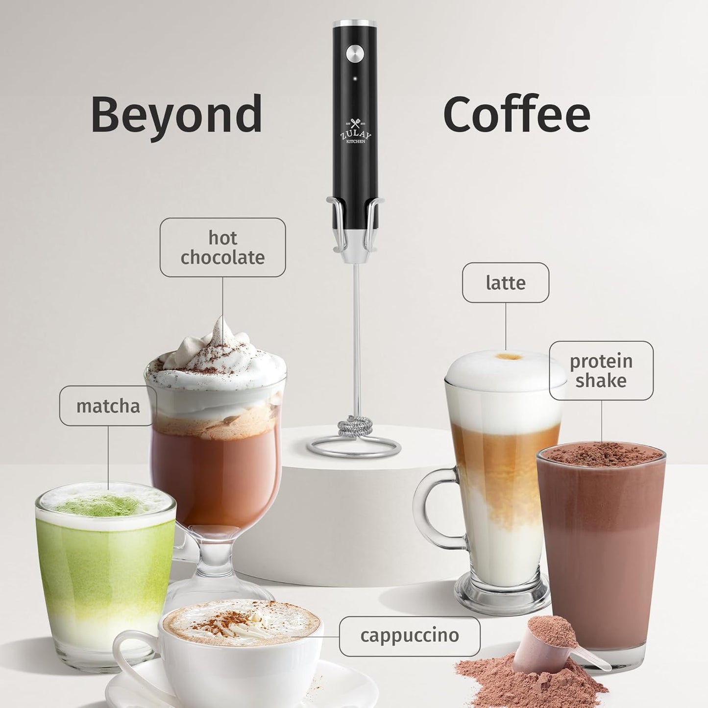 Zulay Kitchen Rechargeable Milk Frother - Powerful 2-Speed Motor, Waterproof, 2000mAh Battery | Drink Mixer for Lattes, Cappuccinos, Matcha & Protein Powder - Obsidian Black