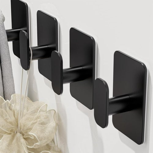 Eowihor Heavy Duty Self Adhesive Hooks - 26lb Max, Sticky Wall Hooks Stainless Steel for Hanging Towel, Coat, Robe, Waterproof & Rustproof Hooks Stick on Bathroom, Shower, Kitchen (Black, 4 Pack)