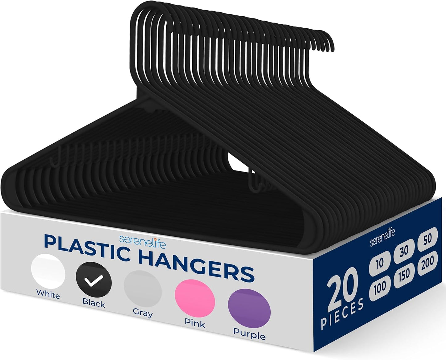 SereneLife Premium Plastic Hangers - Lightweight & Durable Clothes Organizers | 20-Pack in Black