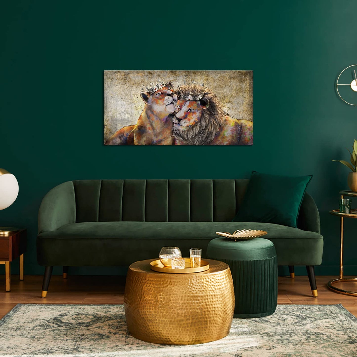 Canvbay Animal King Canvas Wall Art Lion and Lioness with Gold Crown Picture Romantic Couple Artwork Painting for Bedroom Modern Home Decoration Stretched and Framed Ready to Hang 20x40inch