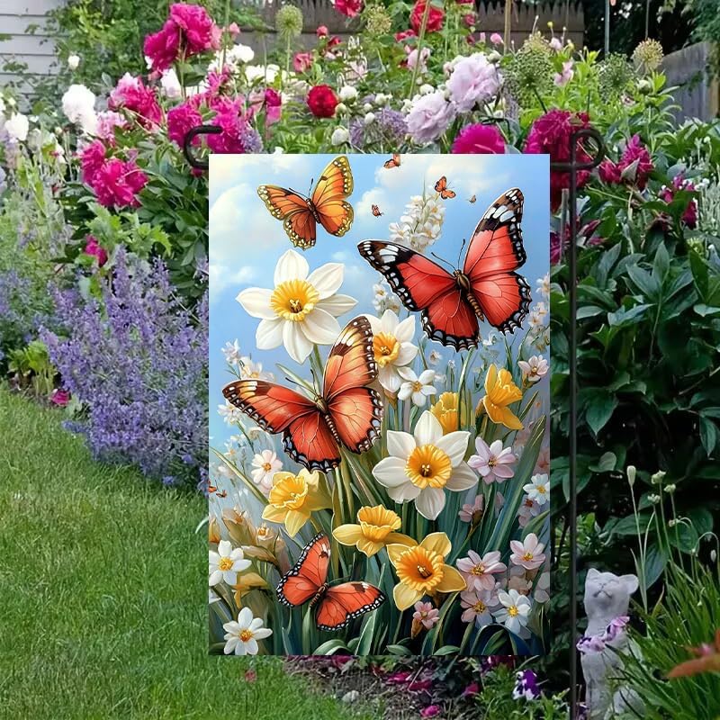 Spring Summer Garden Flag - 12x18 Double-Sided Burlap with Butterfly & Flowers | Outdoor Lawn Decor