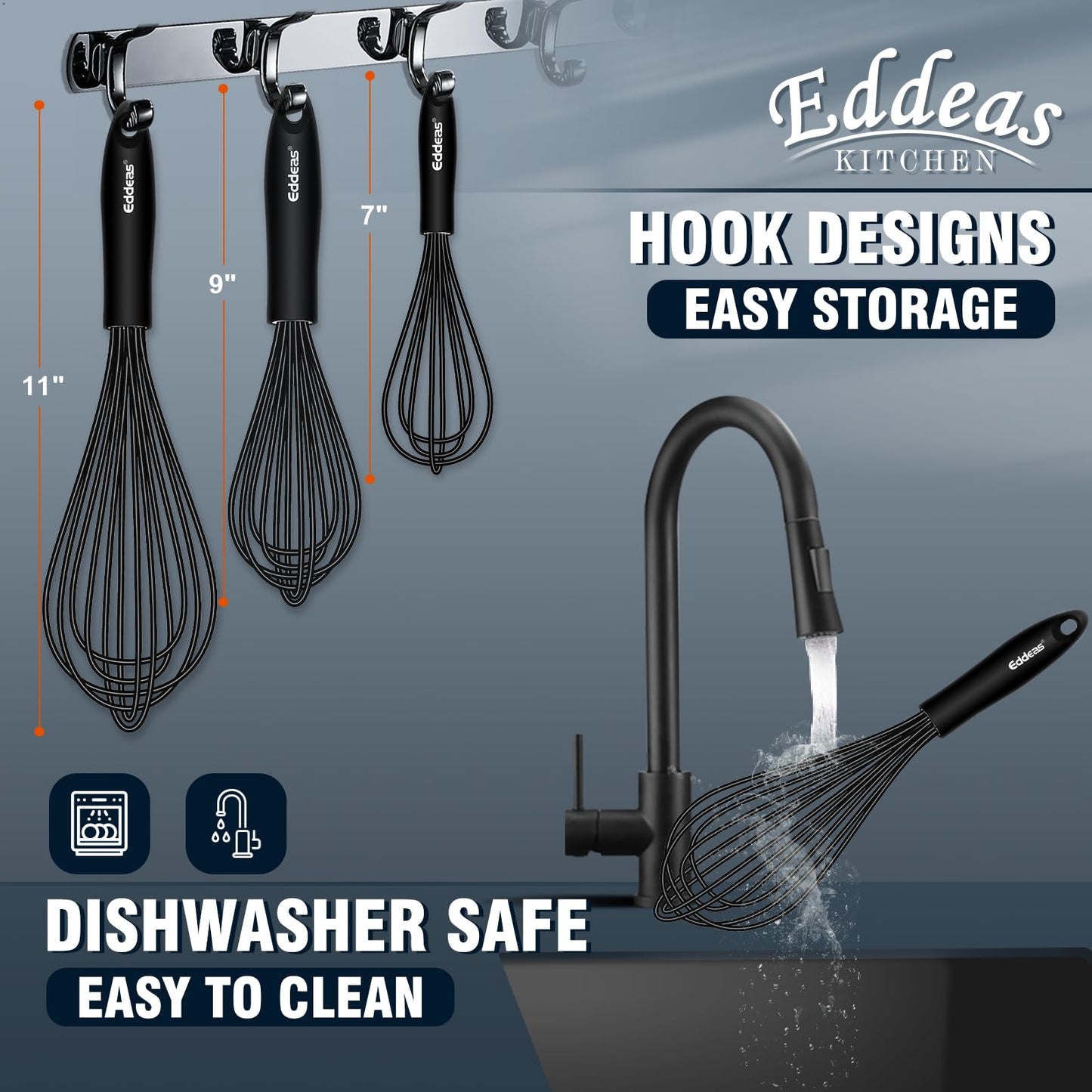 Whisks For Cooking - 500 °F Heat Resistant Silicone Whisk, Heavy Duty 7",9"&11inch Non-Scratch Balloon Kitchen Wisk tool Set, for cooking Wisking, Blending, Beating, Stirring, 3 Piece Black