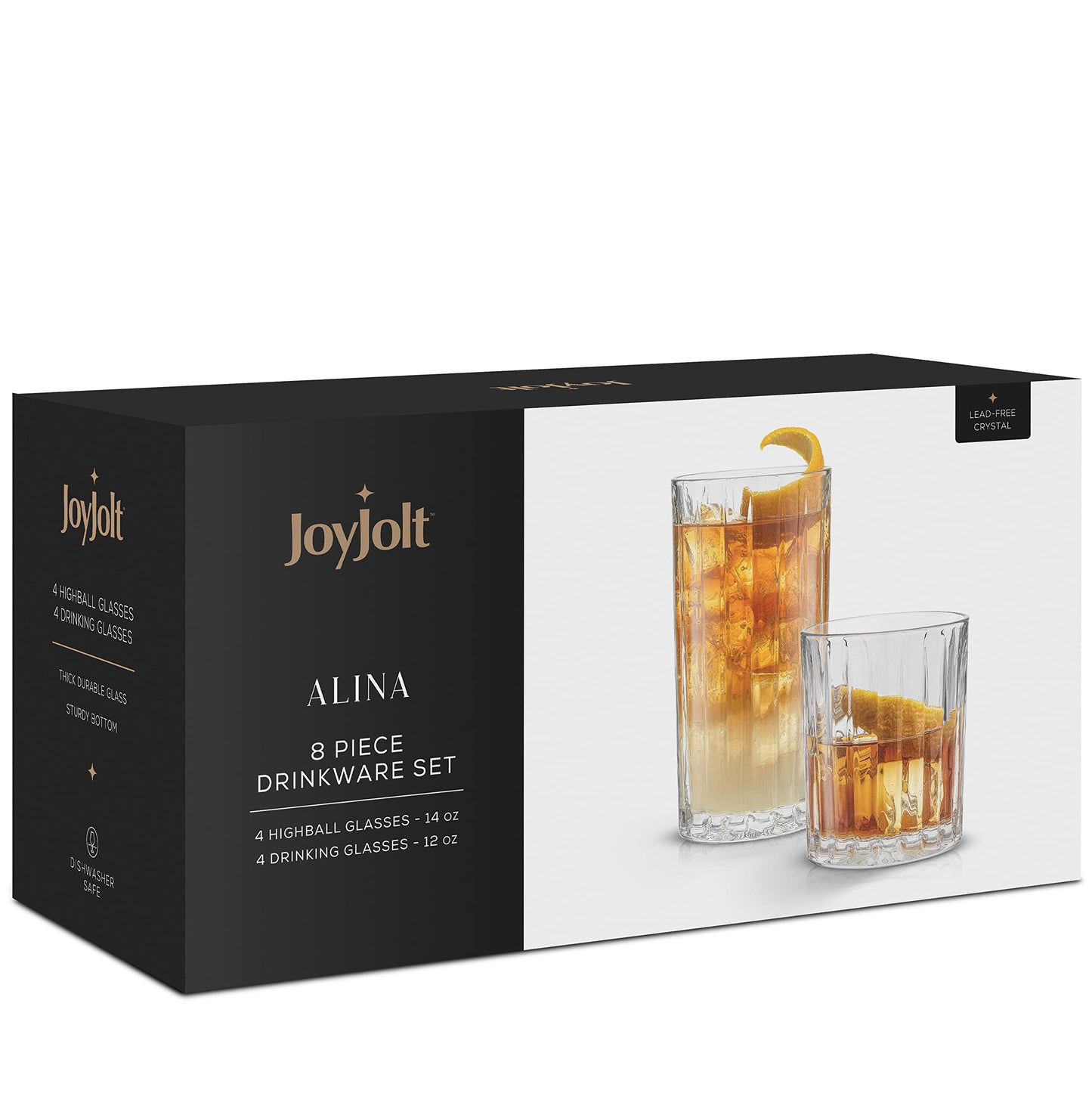 JoyJolt Drinking Glasses Set of 8, Alina Ribbed Glassware. 12oz Rocks Glass and 14oz Highball Glass set. Cocktail Glasses, Iced Coffee Cup or Water cups. Heavy Base Glassware Set