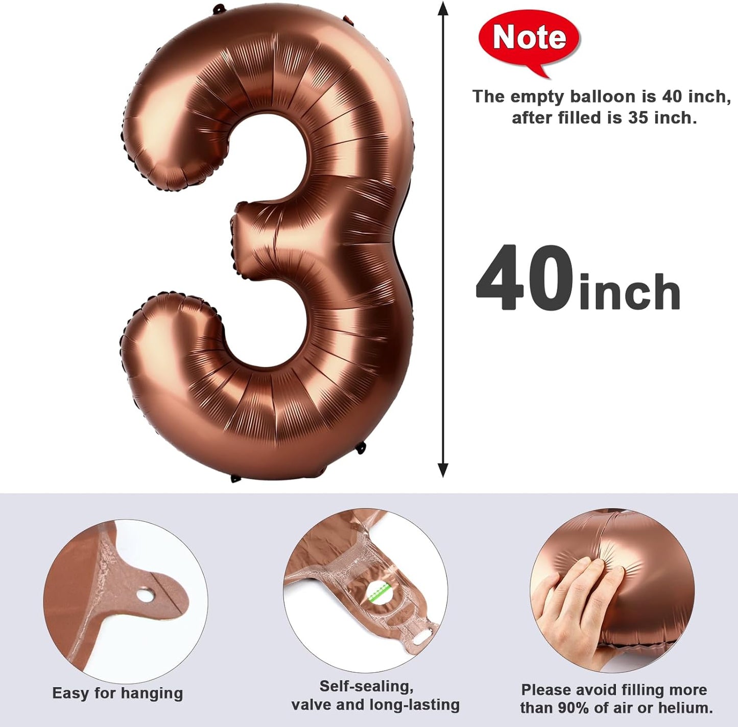 Numbers Balloon 3 - 40 Inch Large Coffee Brown Birthday Balloon for Three Year Old Decor