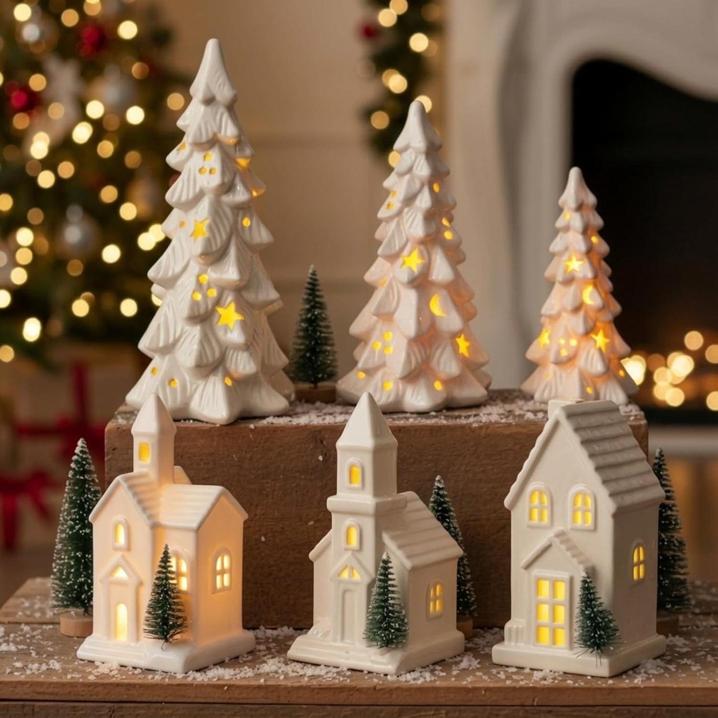 Nuogo Light Up Ceramic Christmas Trees Set - 6 Pcs White LED Decor with Glitter Snow for Holiday Tables