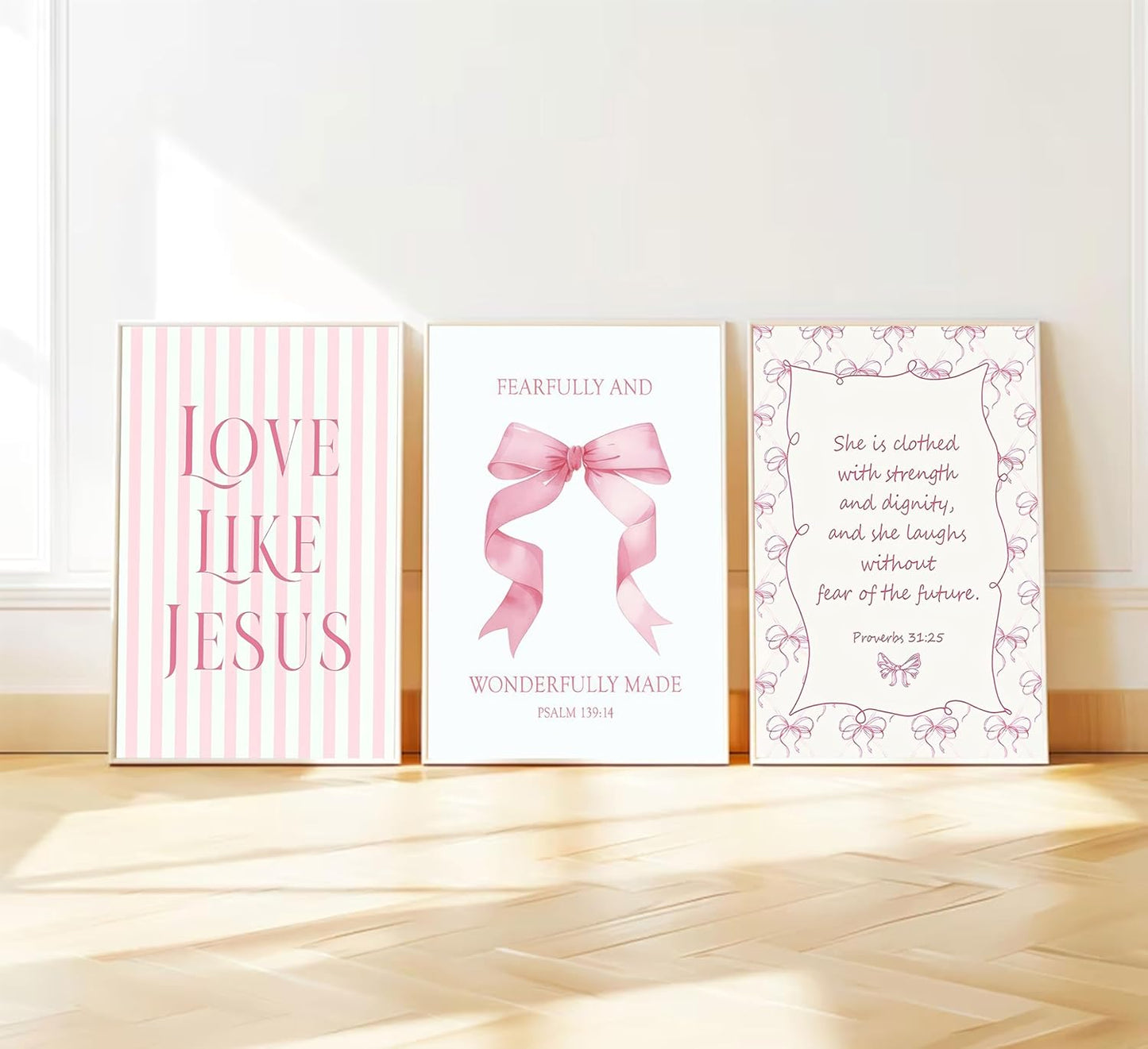 Skiennix 3-Piece Pink Christian Wall Art - Inspirational Bible Verses Canvas Prints | 12x16in Unframed Decor for Teen Girls' Bedroom