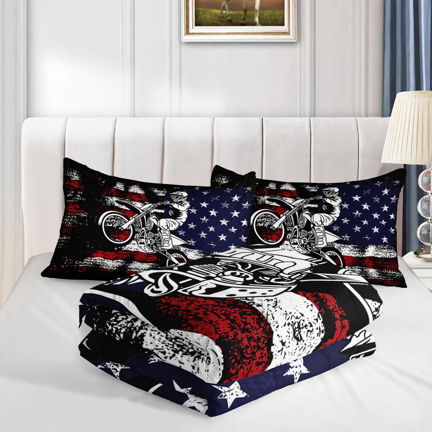 Axolotl Dirt Bike Comforter Set Twin, American Flag Bedding Set, Motocross Comforter,White Red Stripes Stars Bedding, Motorcycle Racer Quilt for Boys Kids Teens Men, 1 Dirt Bike Quilt 2 Pillowcases