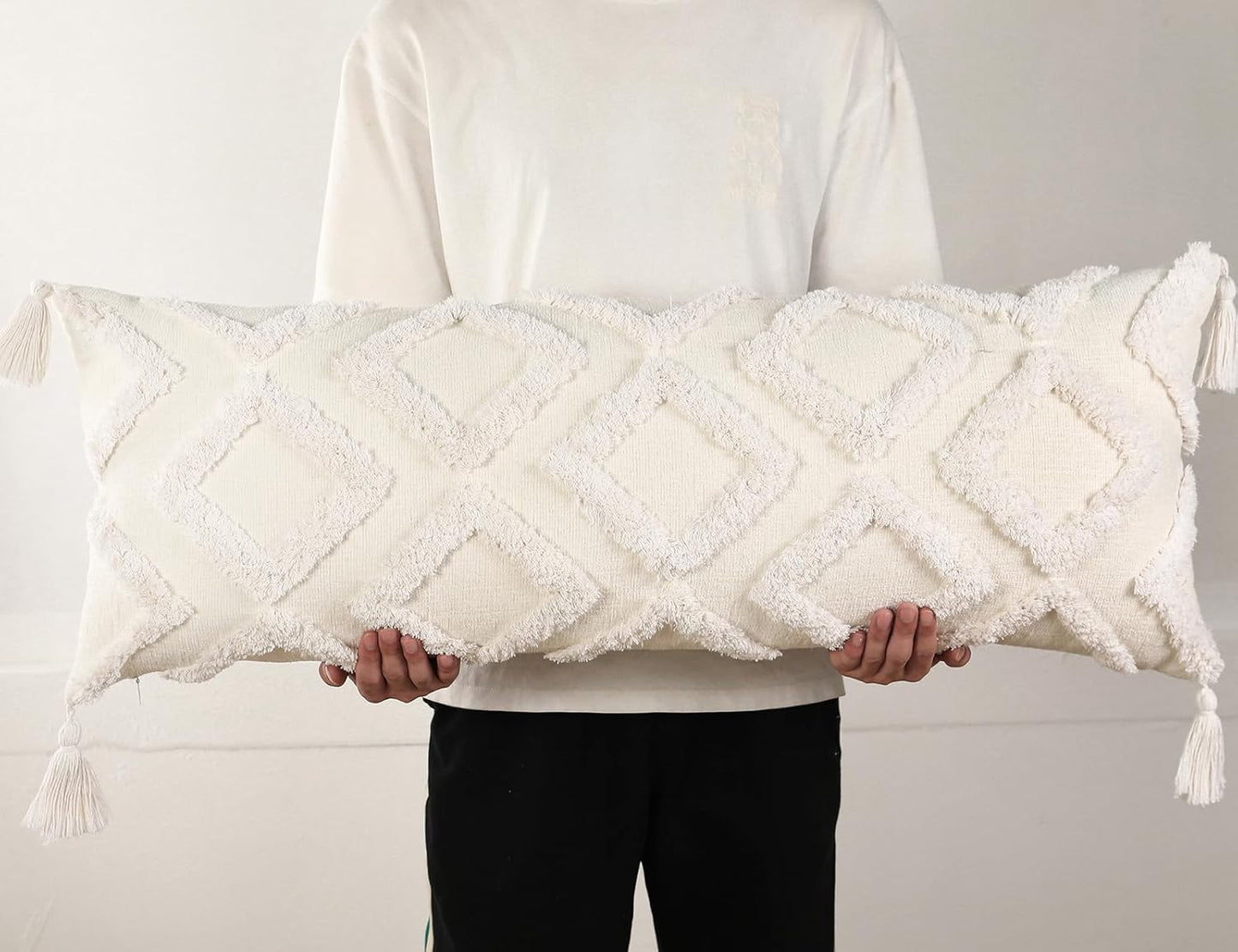 PANOD Decorative Long Lumbar Pillow Cover - Super Soft Chenille with Tassels | 14x36 White Boho Design for Sofa & Bed