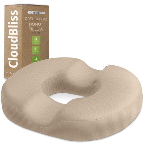 CloudBliss Donut Pillow Seat Cushion Chair Pad for Tailbone Pain Relief and Hemorrhoids, Memory Foam Seat Chair Cushion for Men and Women for Home & Office, (Khaki)