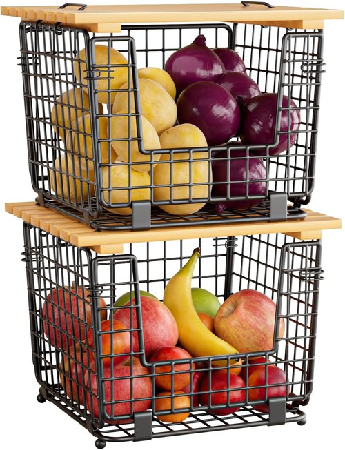 GGIU Wire Storage Basket - Stackable Kitchen Pantry Organizer for Produce, Vegetables & Onions - Black
