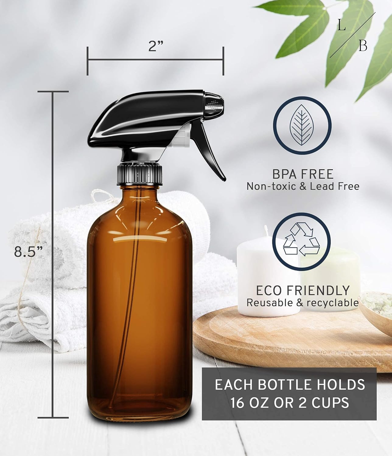 LiBa Amber Glass Spray Bottles - 16 oz Refillable Spray Bottles for Cleaning & Essential Oils | Adjustable Nozzle