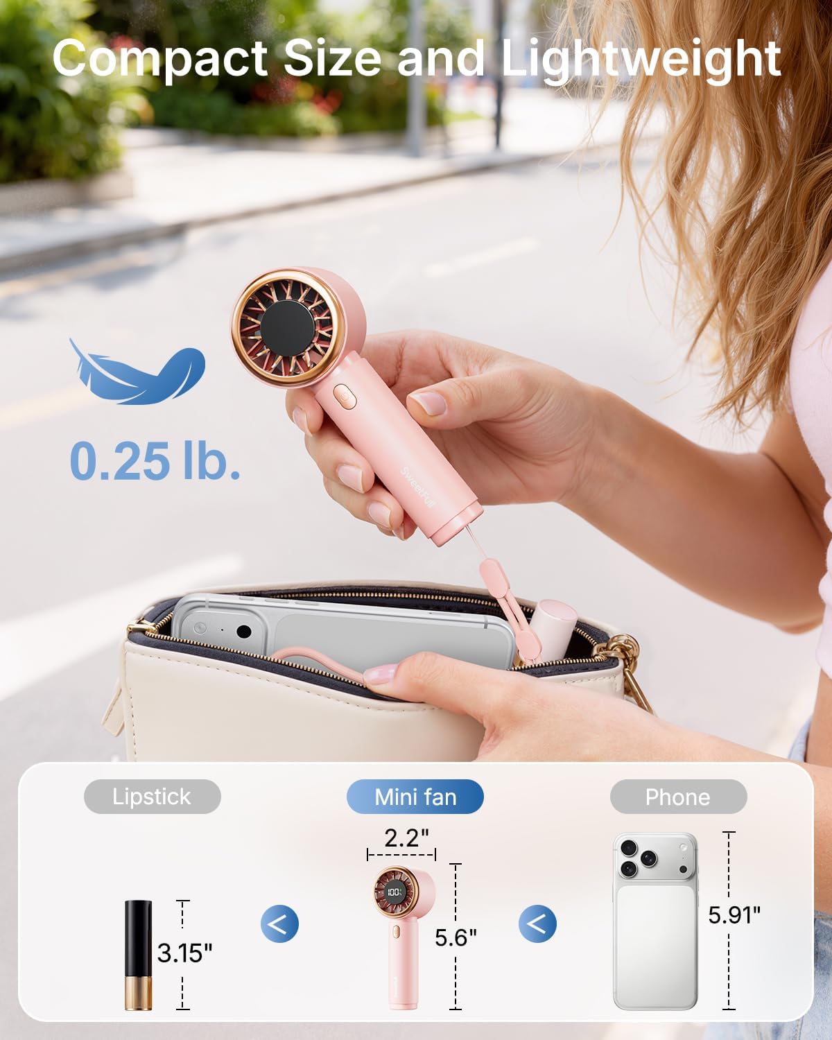 Sweetfull Mini Fan - Cute Handheld Turbo Fan with Rechargeable Battery | 5 Speeds, Portable Pink Travel Essential
