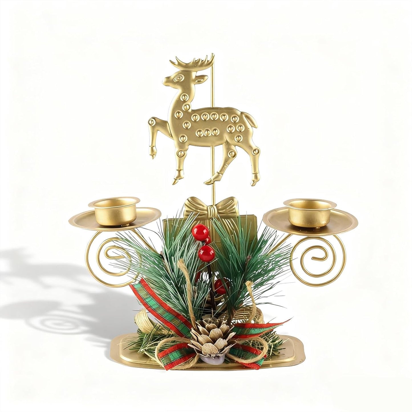 ABTOLS Reindeer Tealight Candle Holders - Festive Elk Gold Design with Red Berry | Perfect for Christmas Table Decor