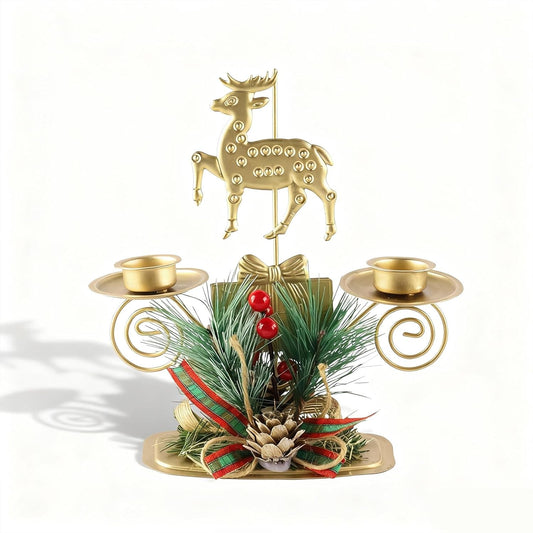 ABTOLS Reindeer Tealight Candle Holders - Festive Elk Gold Design with Red Berry | Perfect for Christmas Table Decor