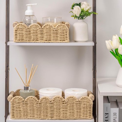CubesLand Scalloped Edge Toilet Paper Storage Basket - Cozy Beige Decor with 2 Wooden Handles