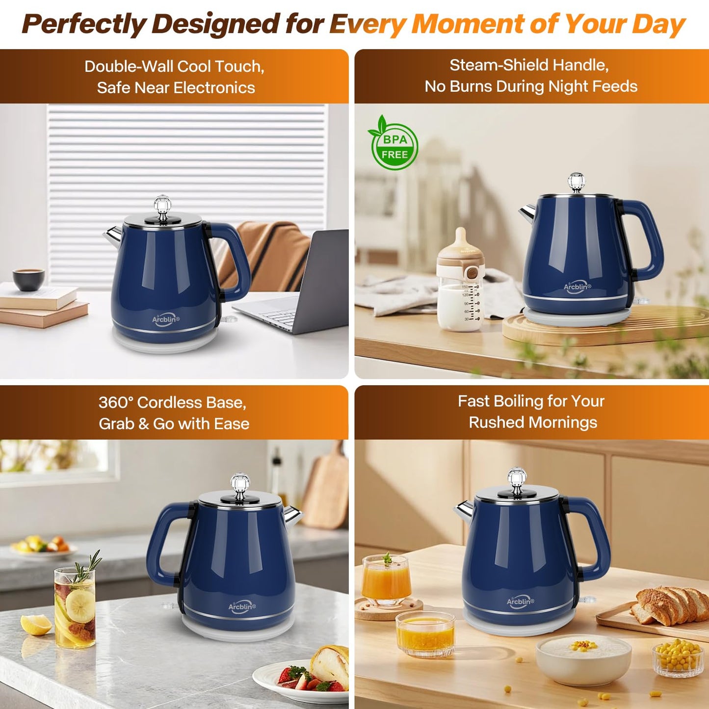 Vintage Electric Kettle 1.8L, All Stainless Steel Hot Water Electric Kettle for Boiling Water, BPA Free Tea Kettle, 1350W Fast Boil, Auto Shut Off & Boil-Dry Protection