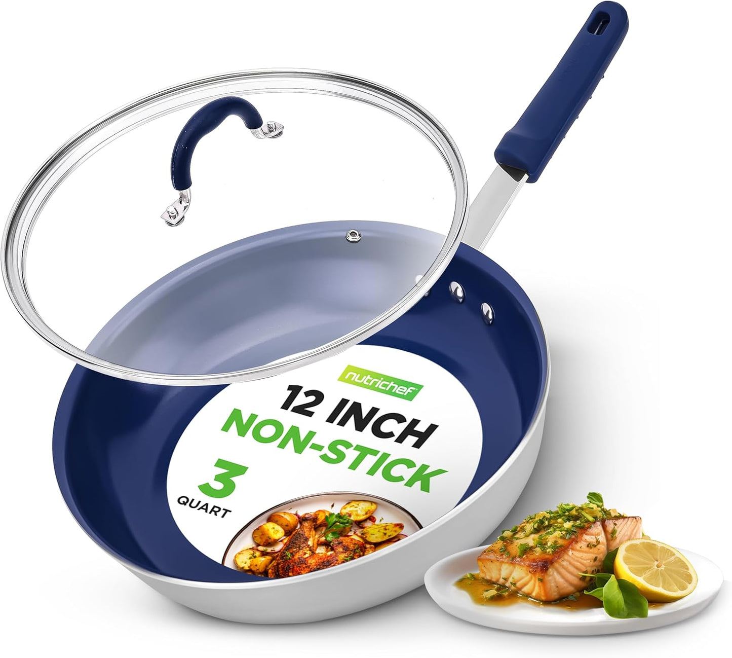 NutriChef 12" Nonstick Fry Pan with Lid - Stain-Resistant Ceramic Coating & Blue Silicone Handle