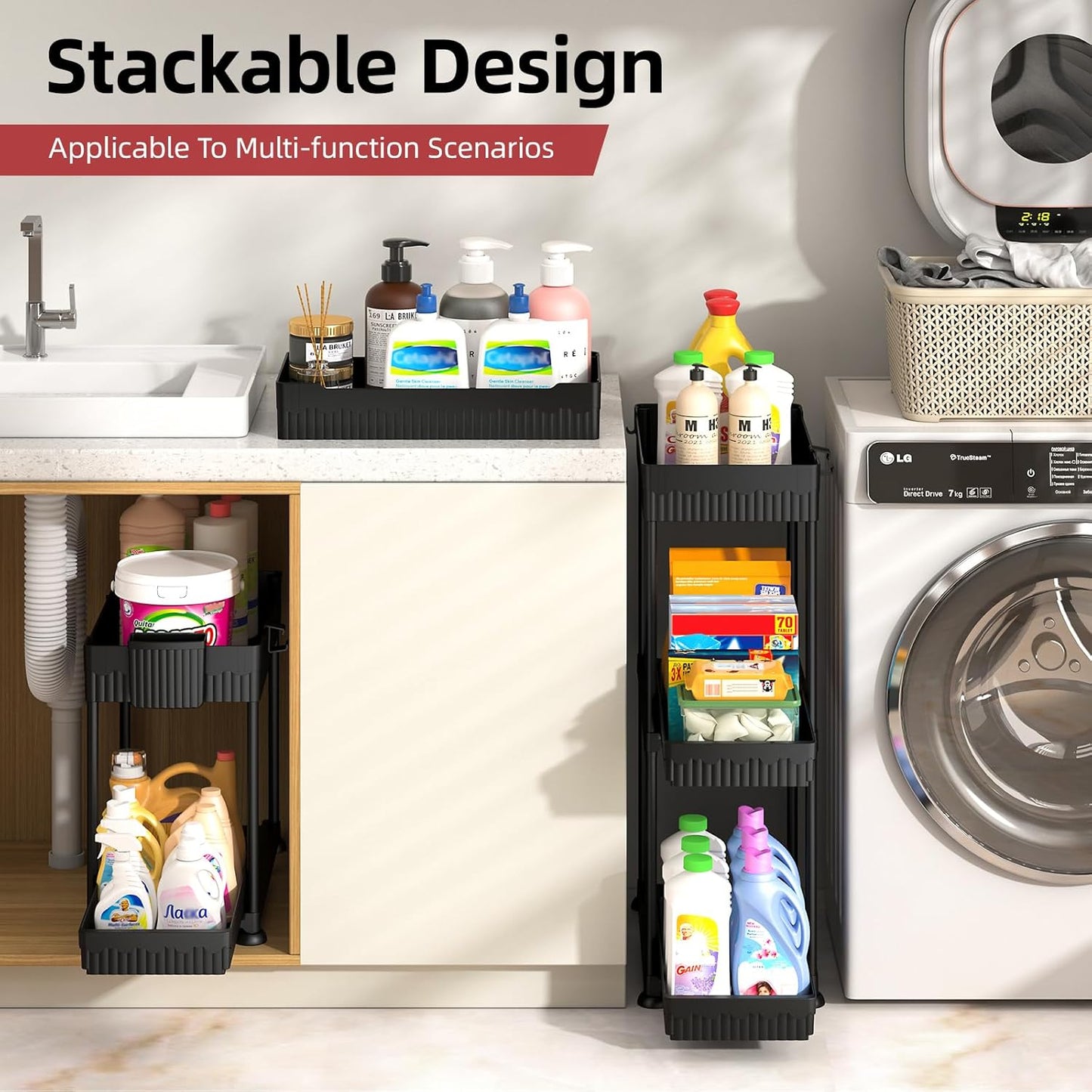 Sevenblue Under Sink Organizer - 2 Tier Multi-Use Pull Out Cabinet Storage with Hooks & Cups | Black, 4 Pack