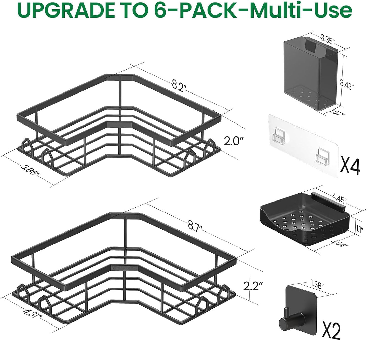 Skiennix Adhesive Shower Caddy - 6 Pack Rustproof Stainless Steel Corner Bath Organizer | No Drilling, Large Capacity