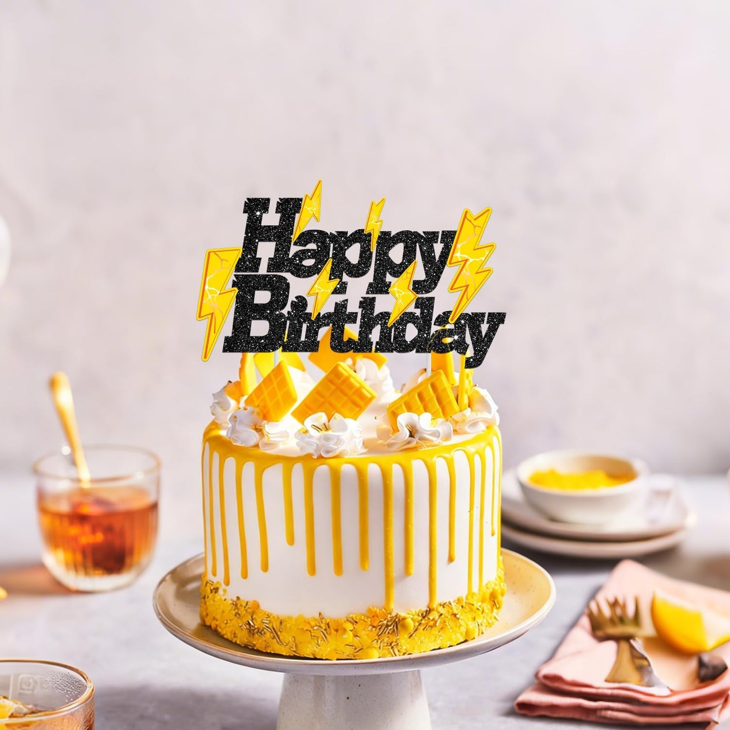 Skiennix Glitter Black Lightning Bolt Cake Toppers - Fun Birthday Party Decorations for Kids