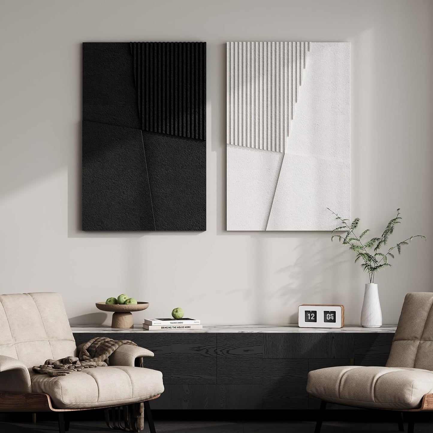 Skiennix 3D Textured Black and White Abstract Wall Art - Modern Geometric Paintings | 24x36 In, 2 Piece Set