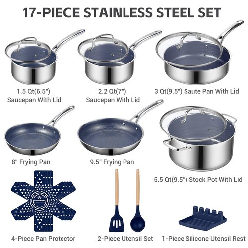 Ammeloo Hybrid Stainless Steel Cookware Set, 17-Piece Tri-Ply Pots and Pans Set Non Stick, Induction Kitchen Cookware Sets, Dishwasher & Oven Safe, PFOA Free, All Cooktops Compatible, Navy Blue