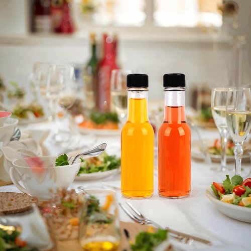 GUANENA 35 Pack 3oz Hot Sauce Bottles, Clear Glass Woozy Bottles with Leak Proof Black Screw Caps, Dripper Inserts and Shrink Capsules, Empty Small Wine Bottle with Labels (Bonus Funnel and Twine)