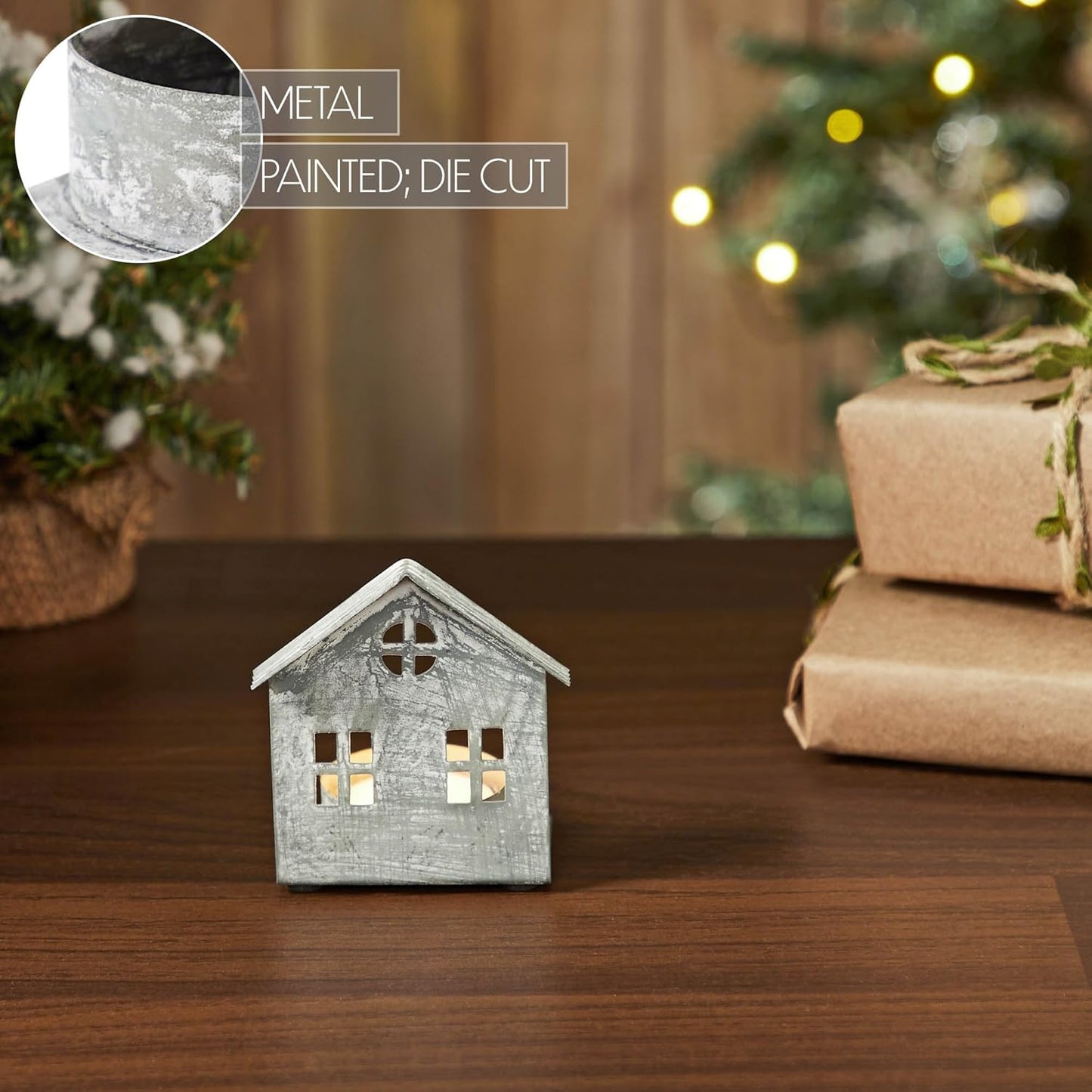 Antique Grey Metal Village House Tealight Holder - 3.25x2.75x2 Inch Decorative Accent