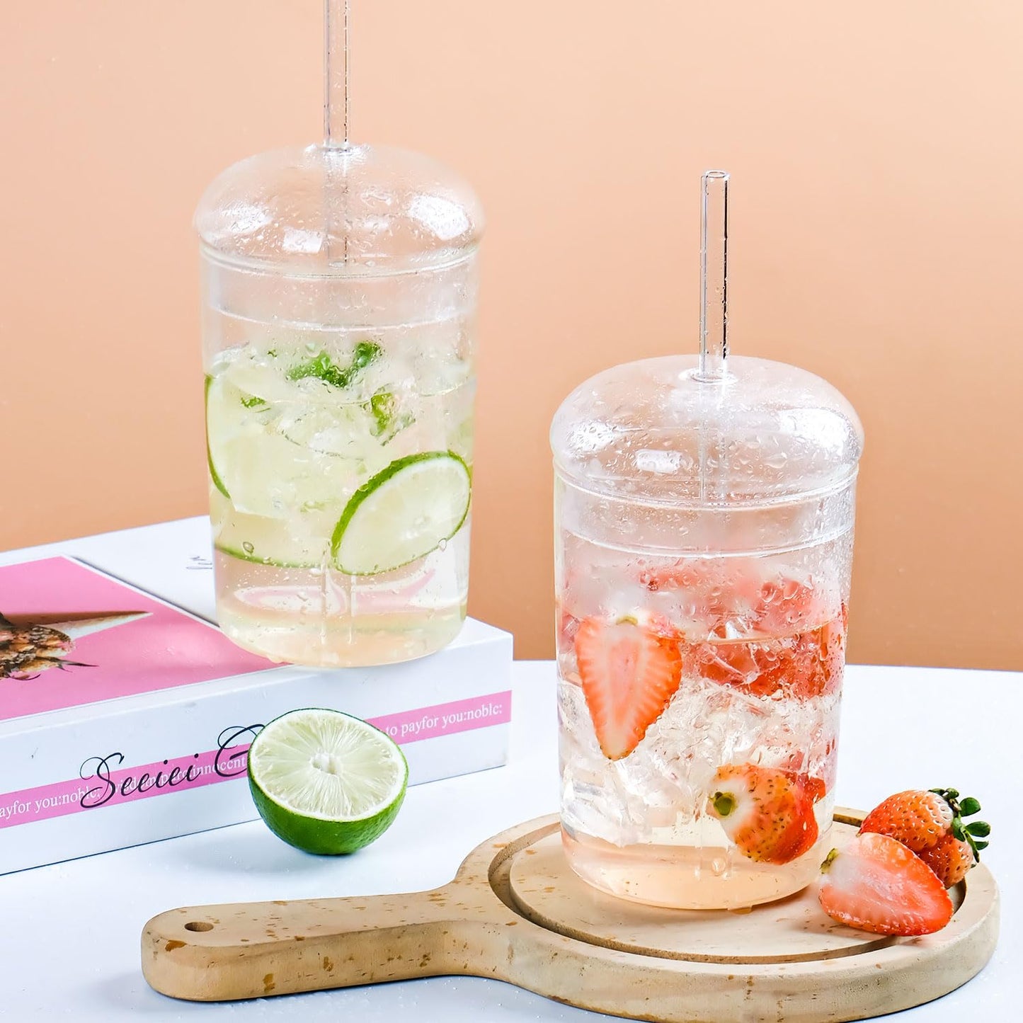 WHJY Glass Tumbler with Lid and Straw - 16oz Heat Resistant Glass Cup for Travel, Smoothies and Outdoor Use
