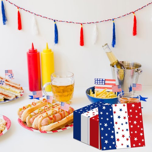 50 Count Red White Blue Star Paper Napkins, Patriotic Disposable Cocktail Napkins for 4th of July, Memorial Day, Veterans Day, Labor Day, and American Flag Party Decorations