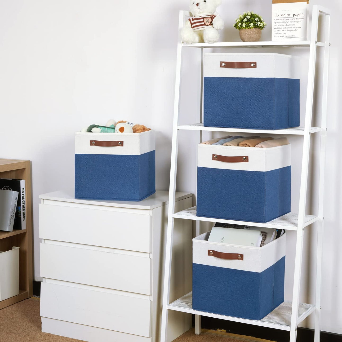 Temary Collapsible Storage Boxes - 12x12 Blue Cube Storage Bins with Handles for Organizing Home, White&Blue