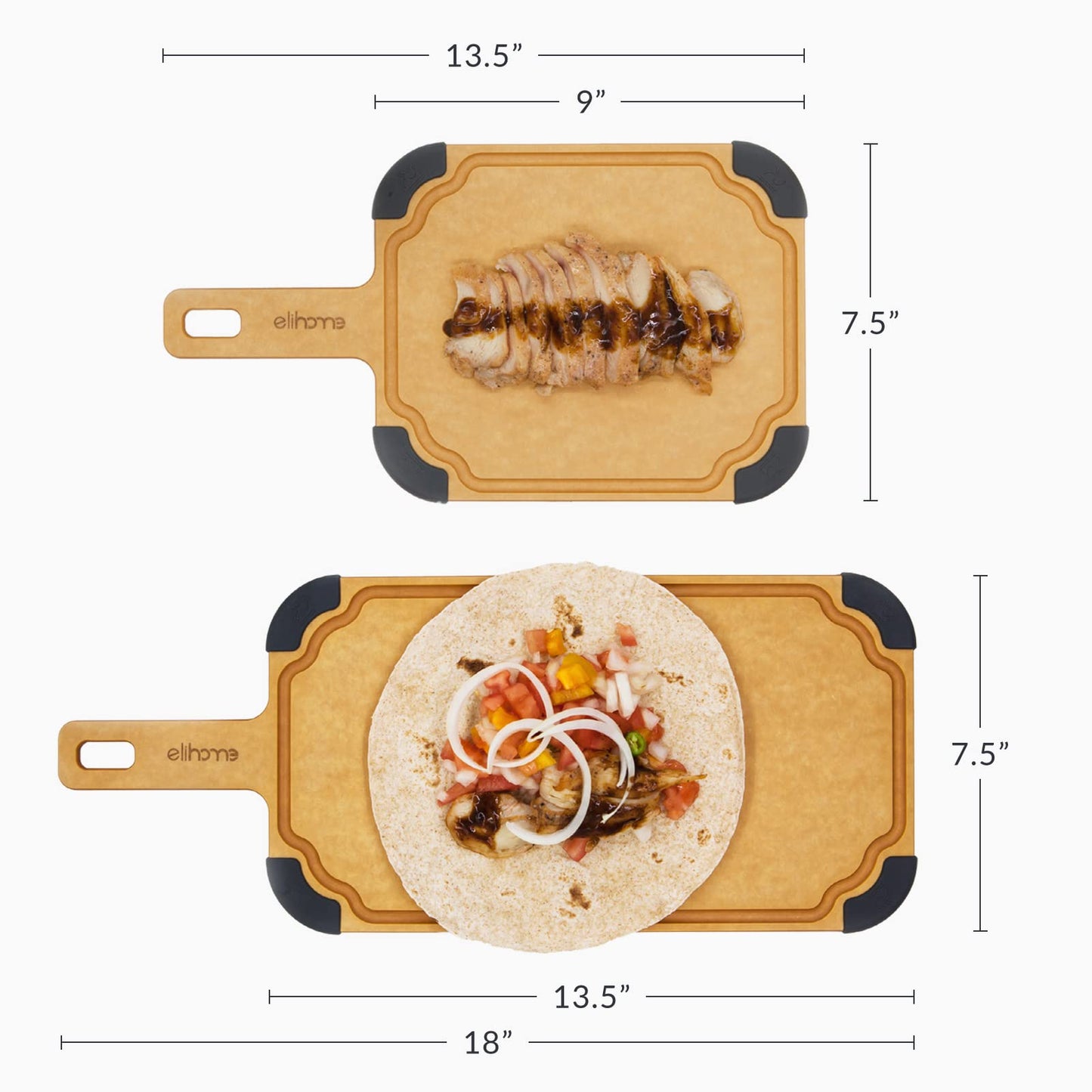 Elihome Paddle Series 2-in-1 Cutting & Serving Board Set with handle, Juice Groove, Dishwasher Safe, Non-slip Feet, Reversible, Wood Fiber Composite, Eco-Friendly, Non-Porous,BPA Free, 2pcs set