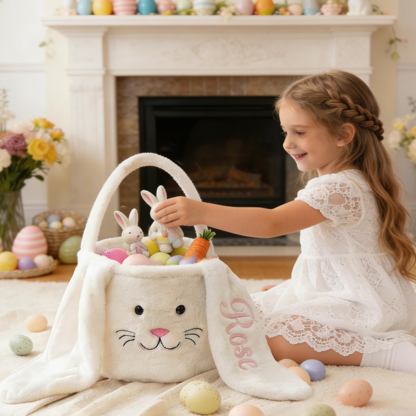 Personalized Easter Baskets for Kids, Custom Bunny Plush Bag with Name for Boys & Girls Spring Egg Hunt Tote with Long Plush Ear, Easter Gift Basket Decor Christmas Birthday Gifts