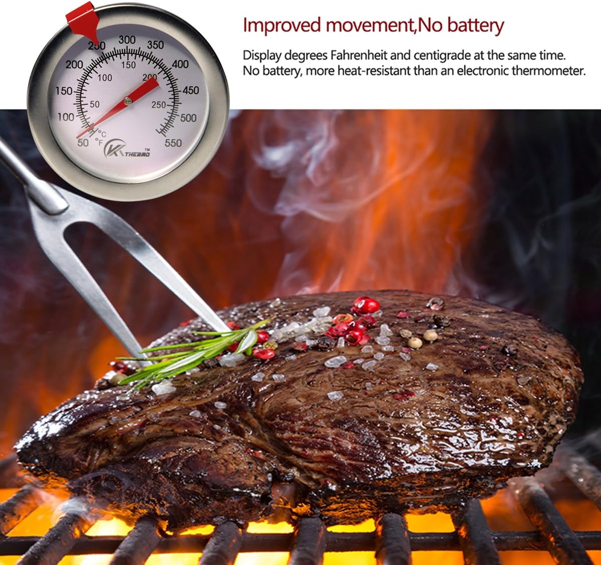 KT THERMO Candy & Deep Fry Thermometer - Instant Read Dial with 12" Stainless Steel Stem | Ideal for Turkey & BBQ Cooking