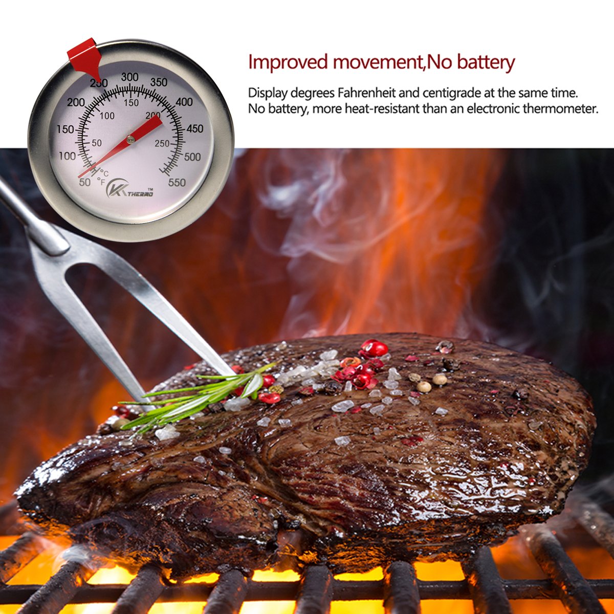 KT THERMO Candy/Deep Fry Thermometer with Instant Read,Dial Thermometer,12" Stainless Steel Stem Meat Cooking Thermometer,Best for Turkey,BBQ,Grill,Analog display