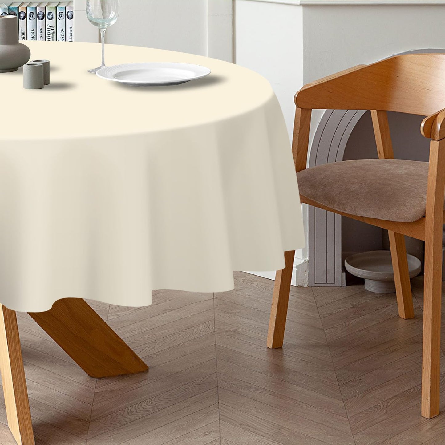 QIKSION Ivory Round Tablecloth 2 Pack, 84 Inch Plastic Table Cover Disposable for Parties