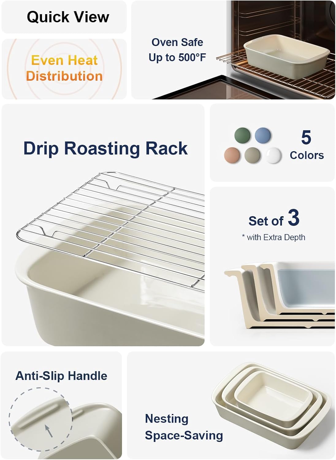 LE TAUCI Deep Casserole Dishes Set - 3-Piece Ceramic Bakeware with Roasting Racks | Large Lasagna Pans in Oatmeal Greige (4.6QT/3.0QT/1.6QT)