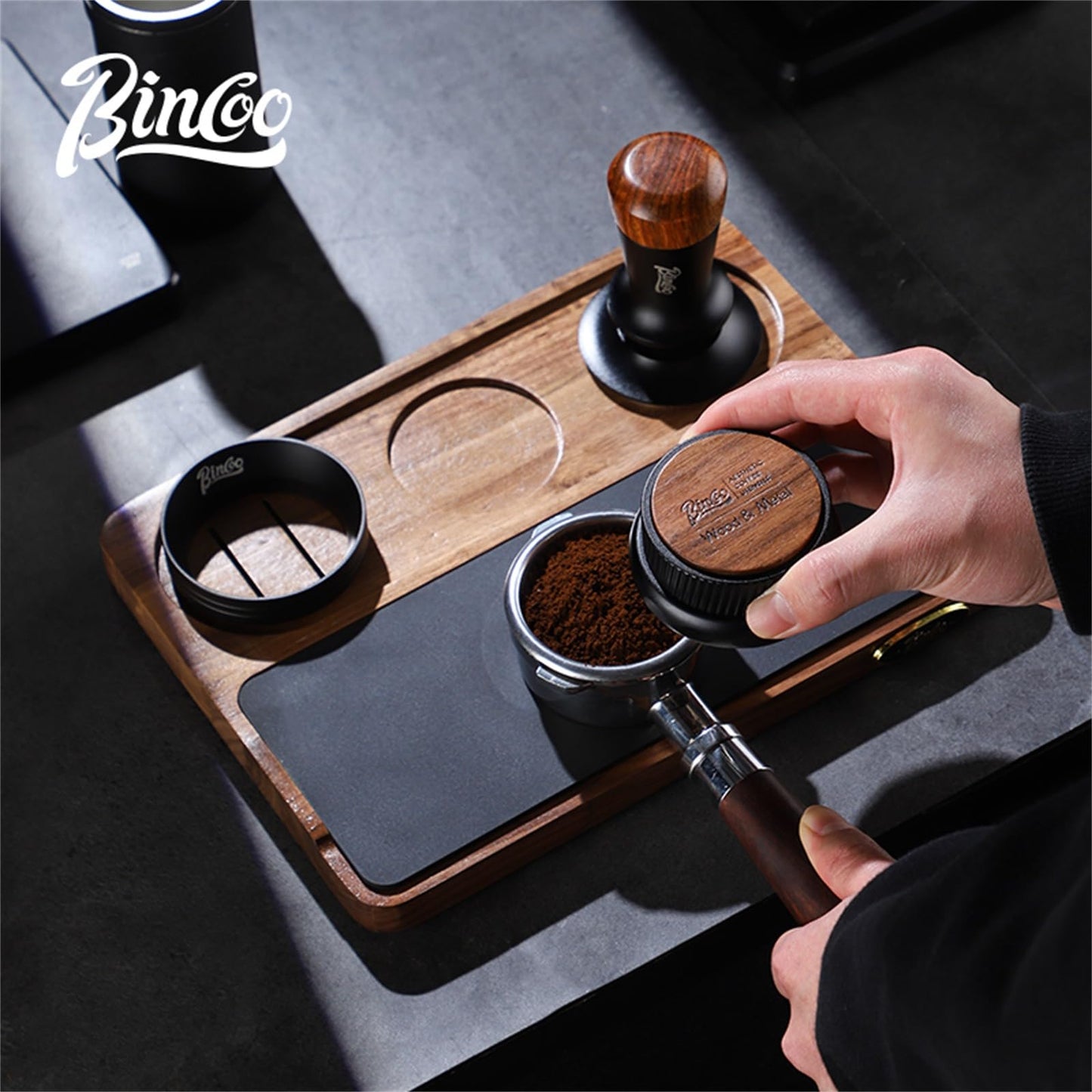 Bincoo Wood Espresso Tamping Station for 51 53 54 58mm Espresso Tools,Tampere Holder Station with Multi-Slot for Home Coffee Bar,Tamping Mat for Counter(WOOD)