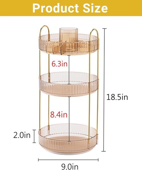 Asayuee 360 Rotating Makeup Organizer - Large 3-Tier Storage for Cosmetics & Skincare | Gold