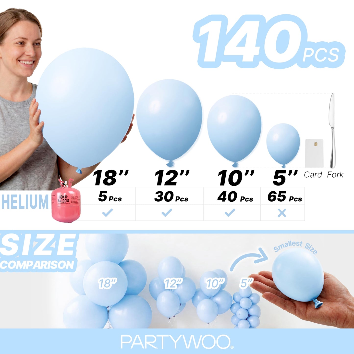 PartyWoo Baby Blue Balloons 140pcs Different Sizes of 18 12 10 5 Inch Light Pastel Sky Aqua Blue Balloon Arch Kit Garland for Graduation Baby Shower Gender Reveal Easter Party Decorations Blue-Q13