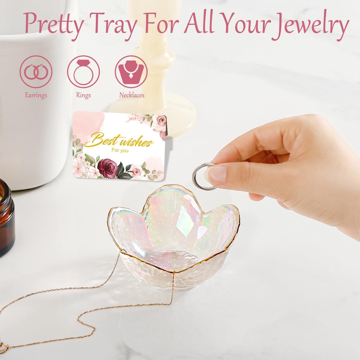 White Flower Jewelry Dish Glass Ring Dish Jewelry Tray Cute Vanity Organizer Room Decor Aesthetic Nightstand Bathroom Decor Trinket Dish Ring Holder Jewellery Tray Valentine's Birthday Gifts for Women