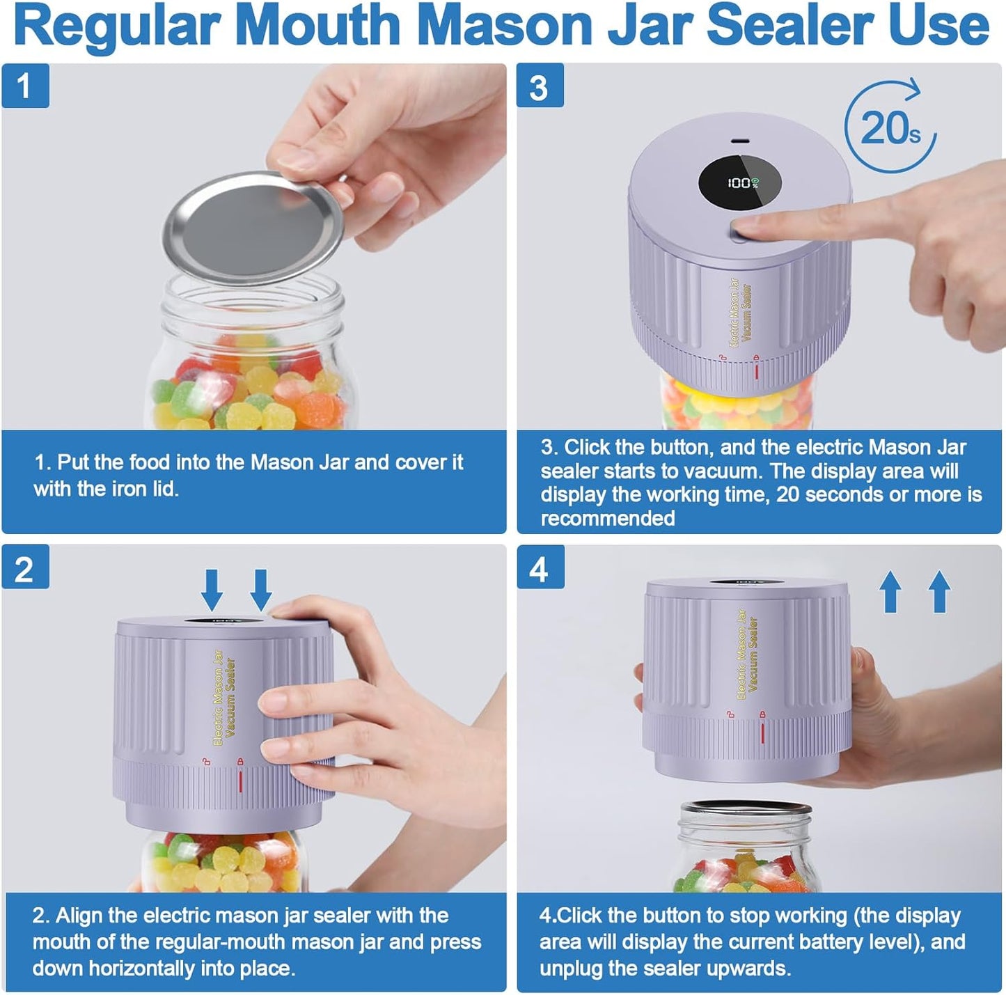LOVE MOMENT Electric Mason Jar Vacuum Sealer Kit - Perfect for Wide & Regular Mouth Jars | Purple
