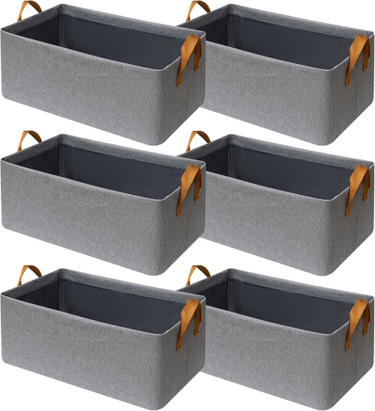 SNWDN Storage Bins - 6 Pack Medium Fabric Baskets for Closet Organization with Handles | Gray 15''L x 10''W x 8''H