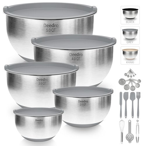 Deedro Premium Mixing Bowls with Airtight Lids Set, 22Pcs Thicker Stainless Steel Mixing Bowl Set, Large Prep Metal Bowls, Non-Slip Silicone Base Nesting Bowls for Kitchen, 1.5/2/3/4/5 QT, Gray